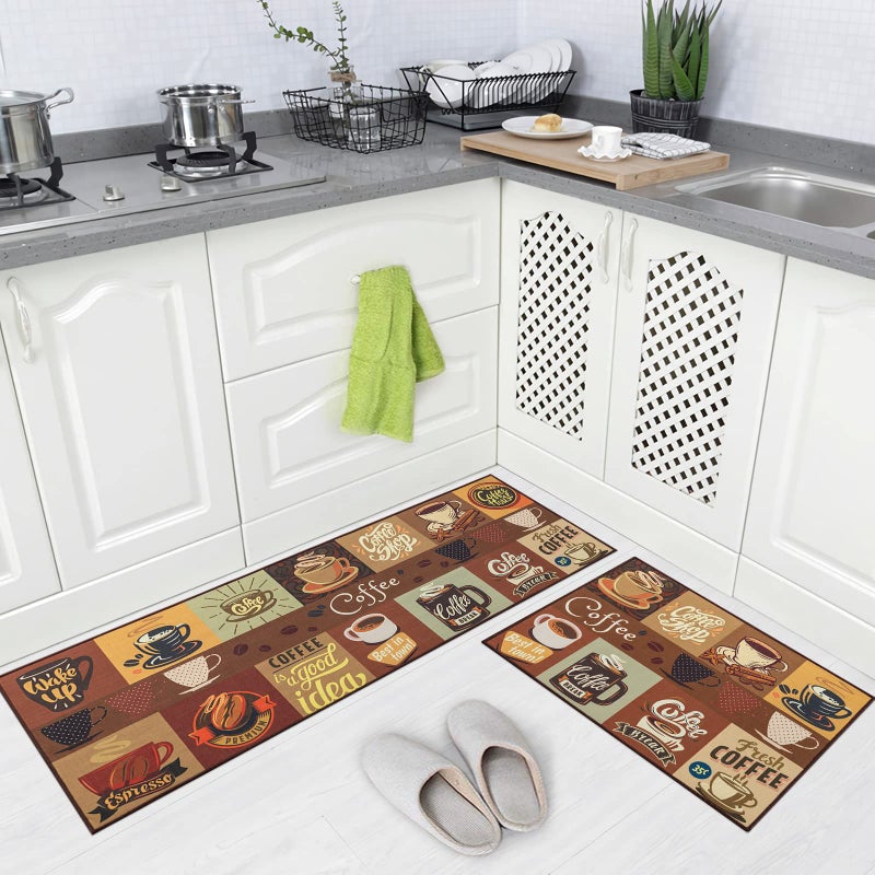 Carvapet 2 Pieces Non-Slip Kitchen Rug TPR Non-Skid Backing Mat for Doorway Bathroom Runner Rug Set, Coffee Design (17"x48"+17"x24") - Image 1